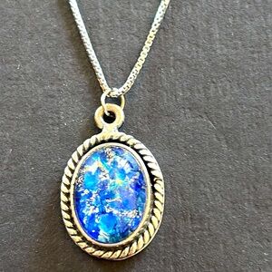 Ocean Blue and Gold Swirl Art Glass Sterling Silver 20” Pendant Necklace
